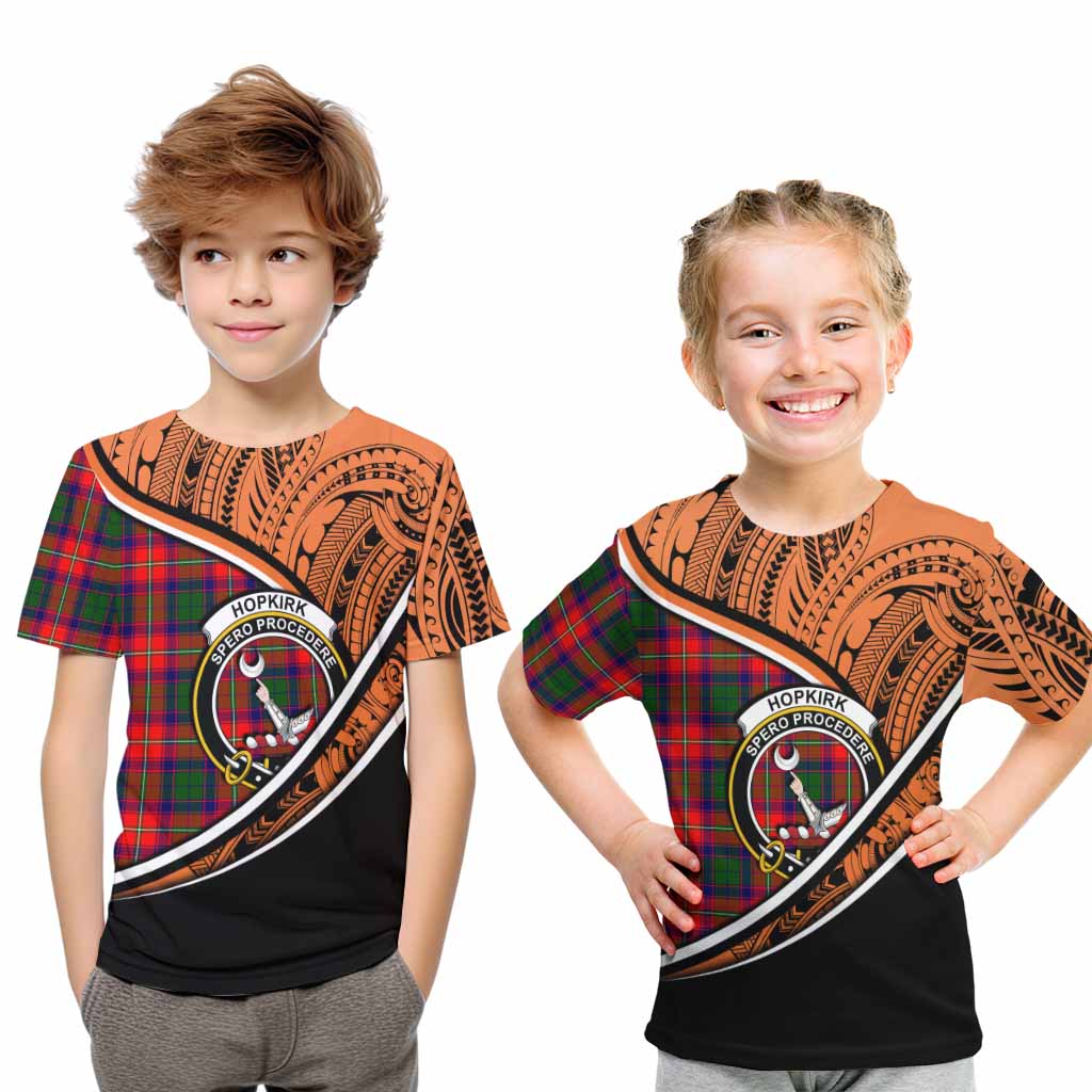 Tartan Vibes Clothing Hopkirk Crest Tartan Kid T-Shirt with Maori Tattoo Style - Orange Version