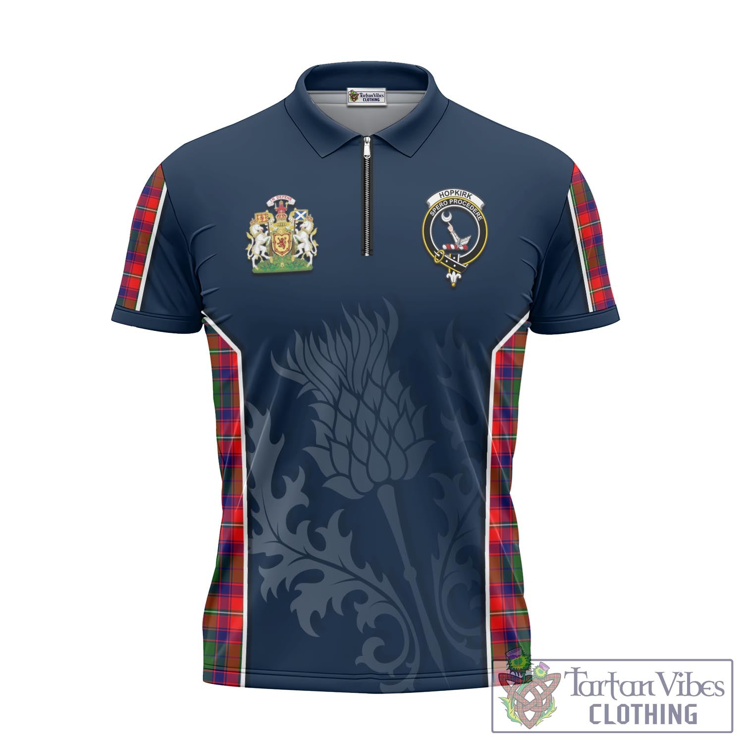 Tartan Vibes Clothing Hopkirk Tartan Zipper Polo Shirt with Family Crest and Scottish Thistle Vibes Sport Style