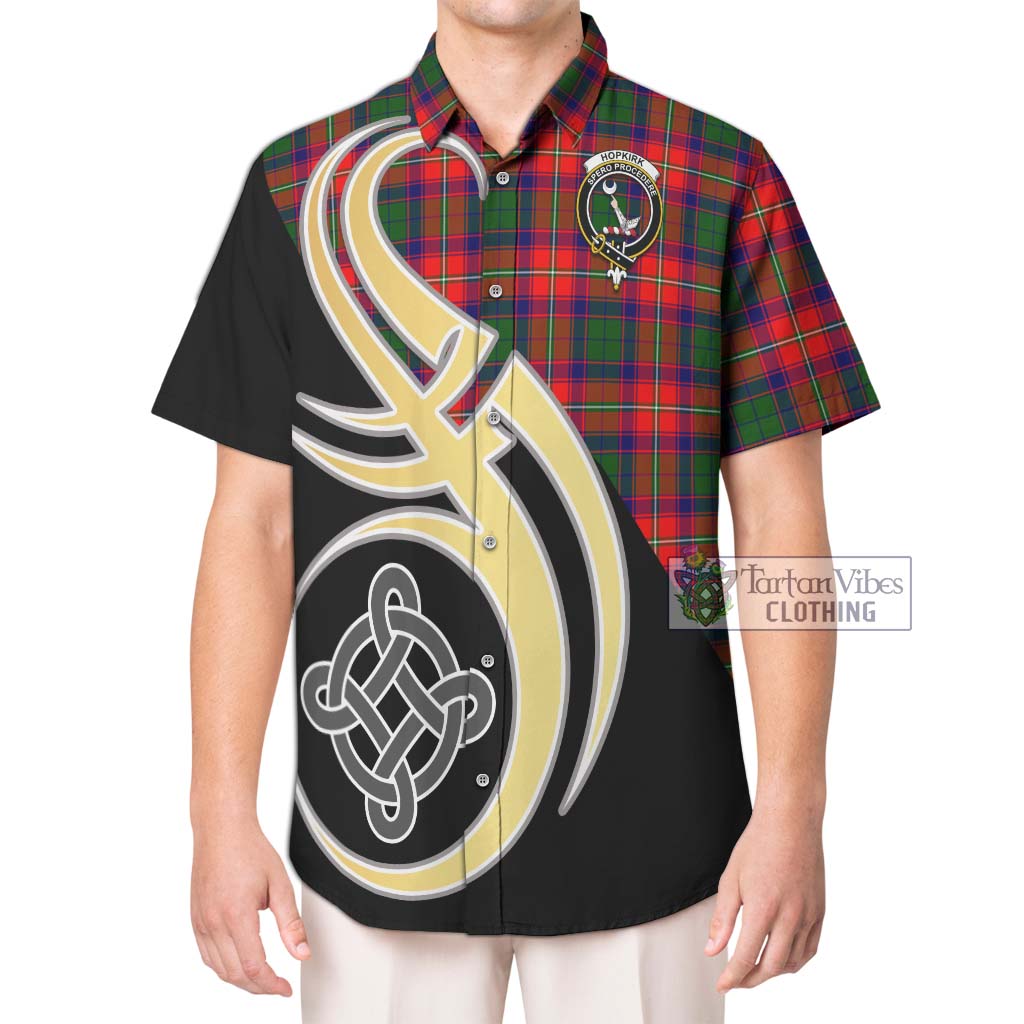 Tartan Vibes Clothing Hopkirk Tartan Short Sleeve Button Shirt with Family Crest and Celtic Symbol Style