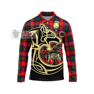 Hopkirk Tartan Long Sleeve Polo Shirt with Family Crest Celtic Wolf Style