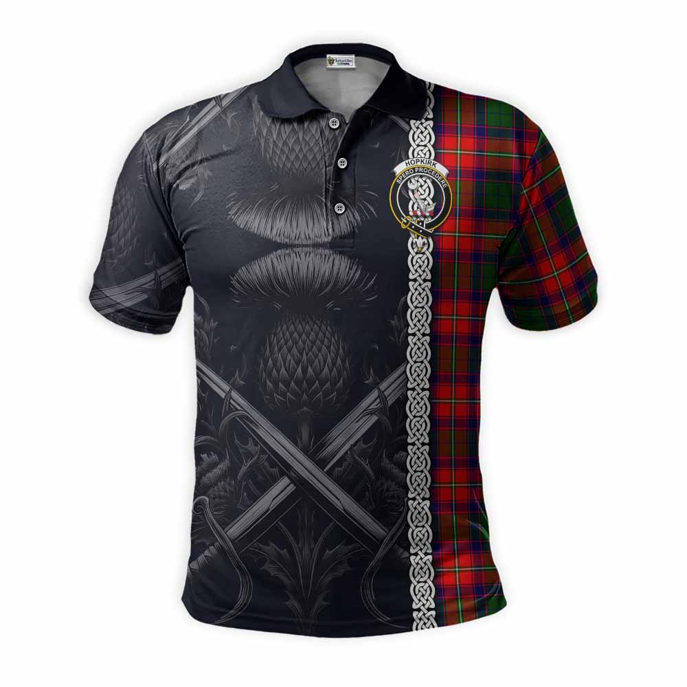 Tartan Vibes Clothing Hopkirk Tartan Polo Shirt with Family Crest Cross Sword Thistle Celtic Vibes