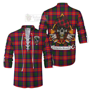 Hopkirk Tartan Ghillie Kilt Shirt with Family Crest and Bearded Skull Holding Bottles of Whiskey