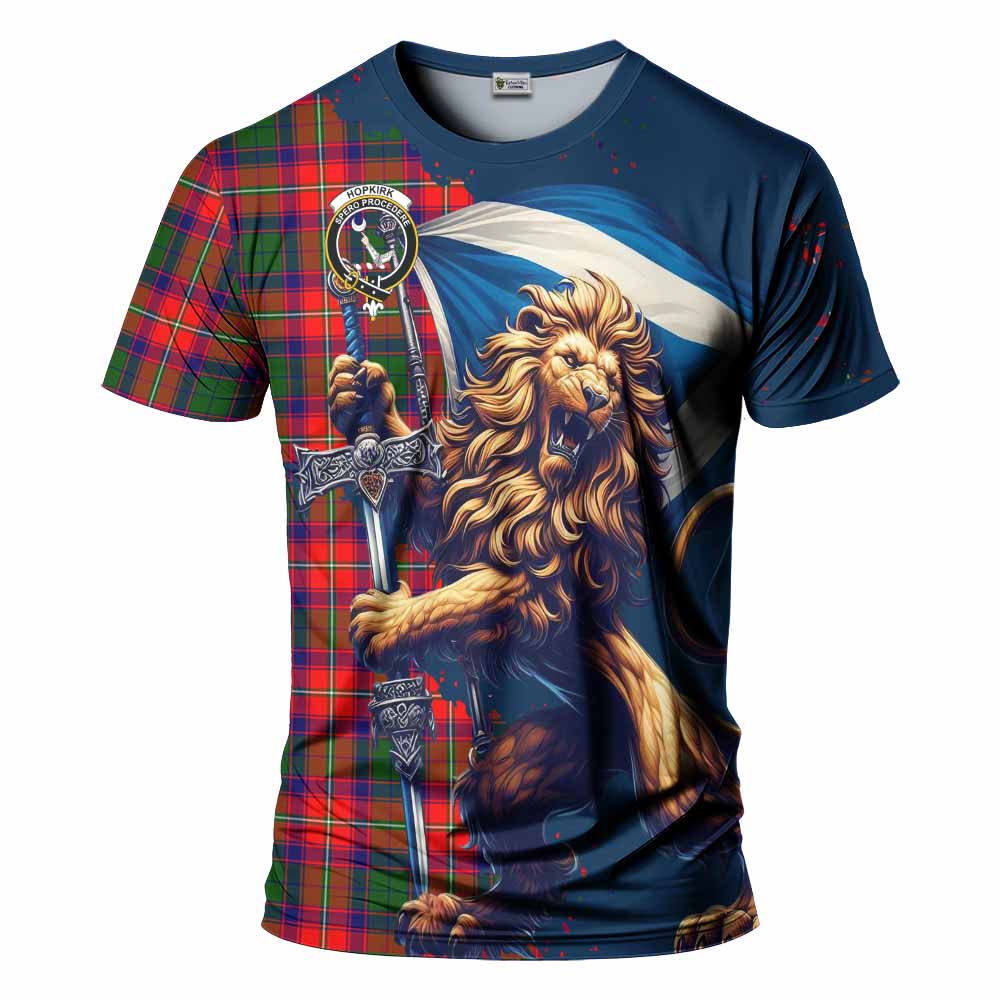 Tartan Vibes Clothing Hopkirk Tartan Family Crest T-Shirt with Scottish Majestic Lion