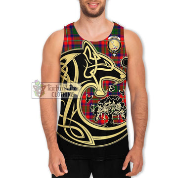 Hopkirk Tartan Men's Tank Top with Family Crest Celtic Wolf Style