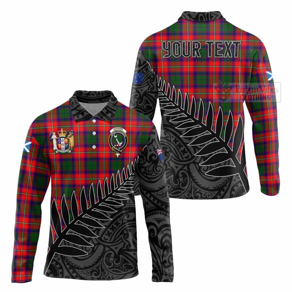 Tartan Vibes Clothing Hopkirk Crest Tartan Long Sleeve Polo Shirt with New Zealand Silver Fern Half Style