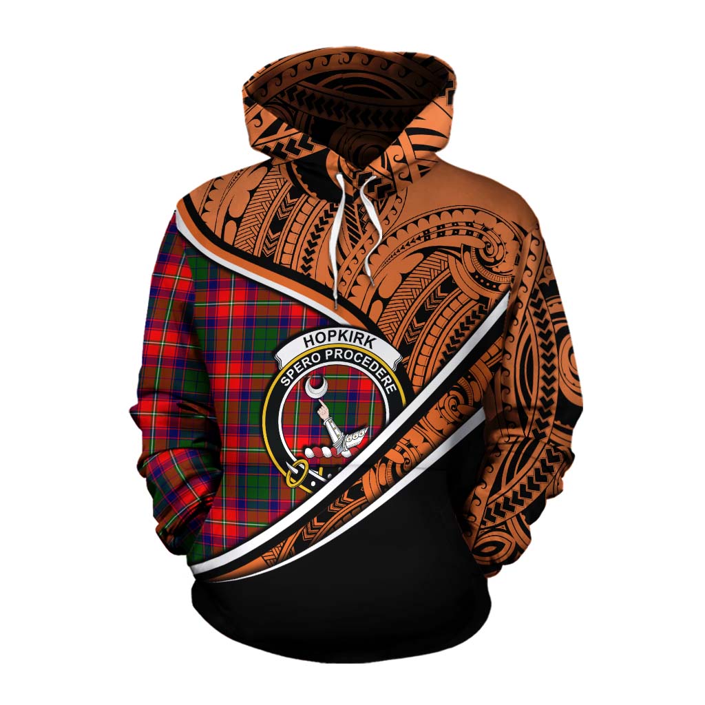 Tartan Vibes Clothing Hopkirk Crest Tartan Cotton Hoodie with Maori Tattoo Style - Orange Version