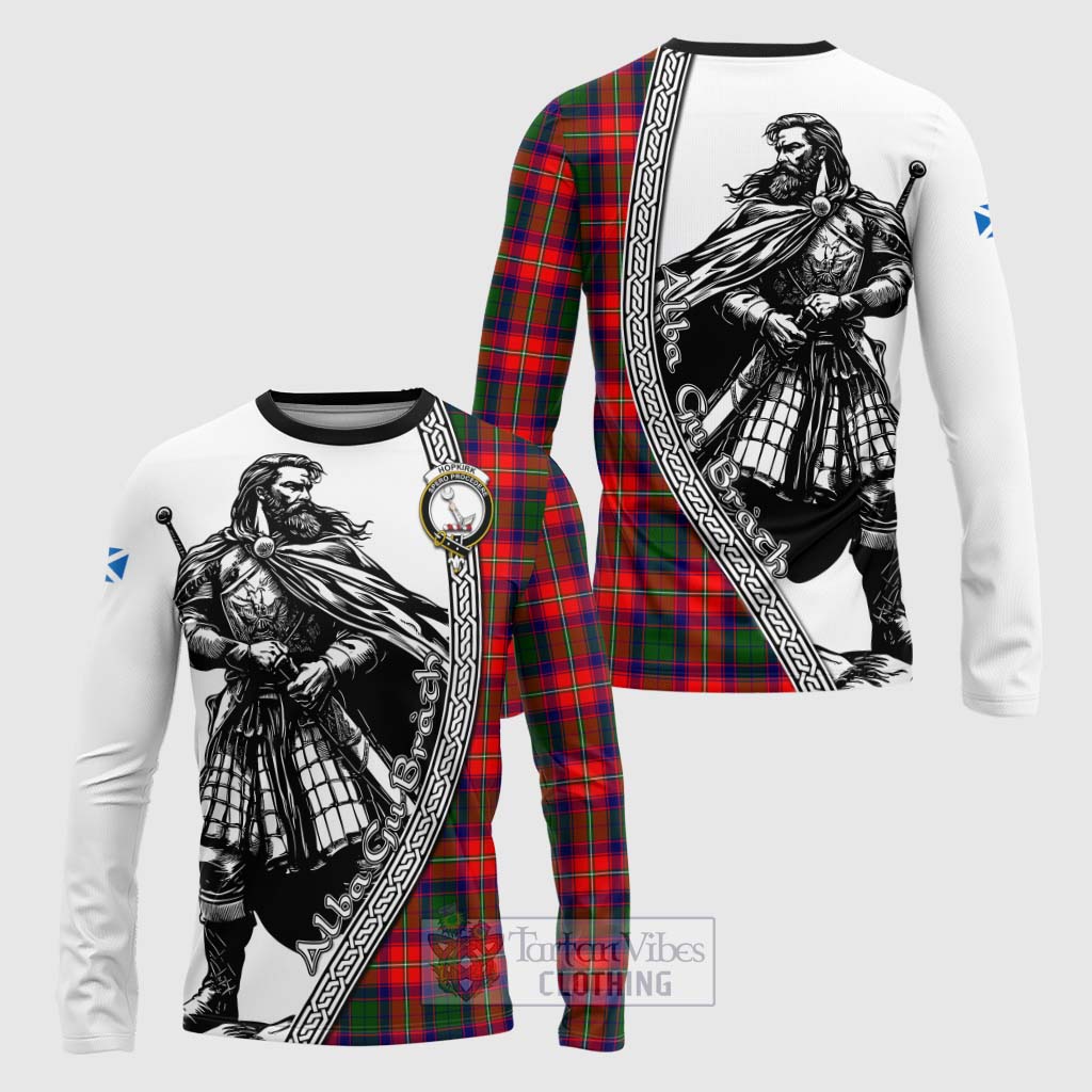 Tartan Vibes Clothing Hopkirk Tartan Clan Crest Long Sleeve T-Shirt with Highlander Warrior Celtic Style