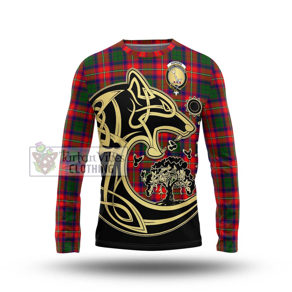 Hopkirk Tartan Long Sleeve T-Shirt with Family Crest Celtic Wolf Style Unisex - Tartan Vibes Clothing