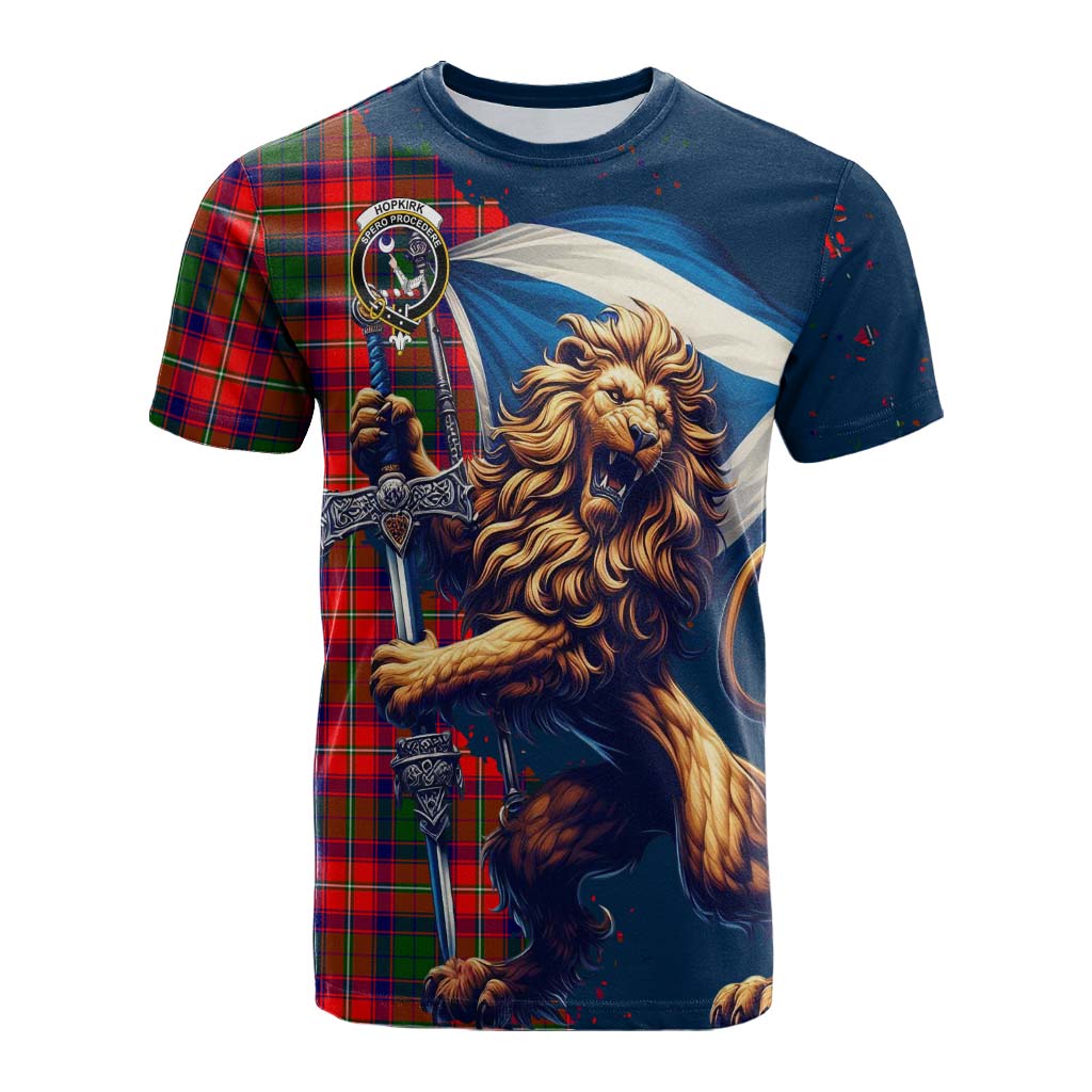 Tartan Vibes Clothing Hopkirk Tartan Family Crest Cotton T-shirt with Scottish Majestic Lion