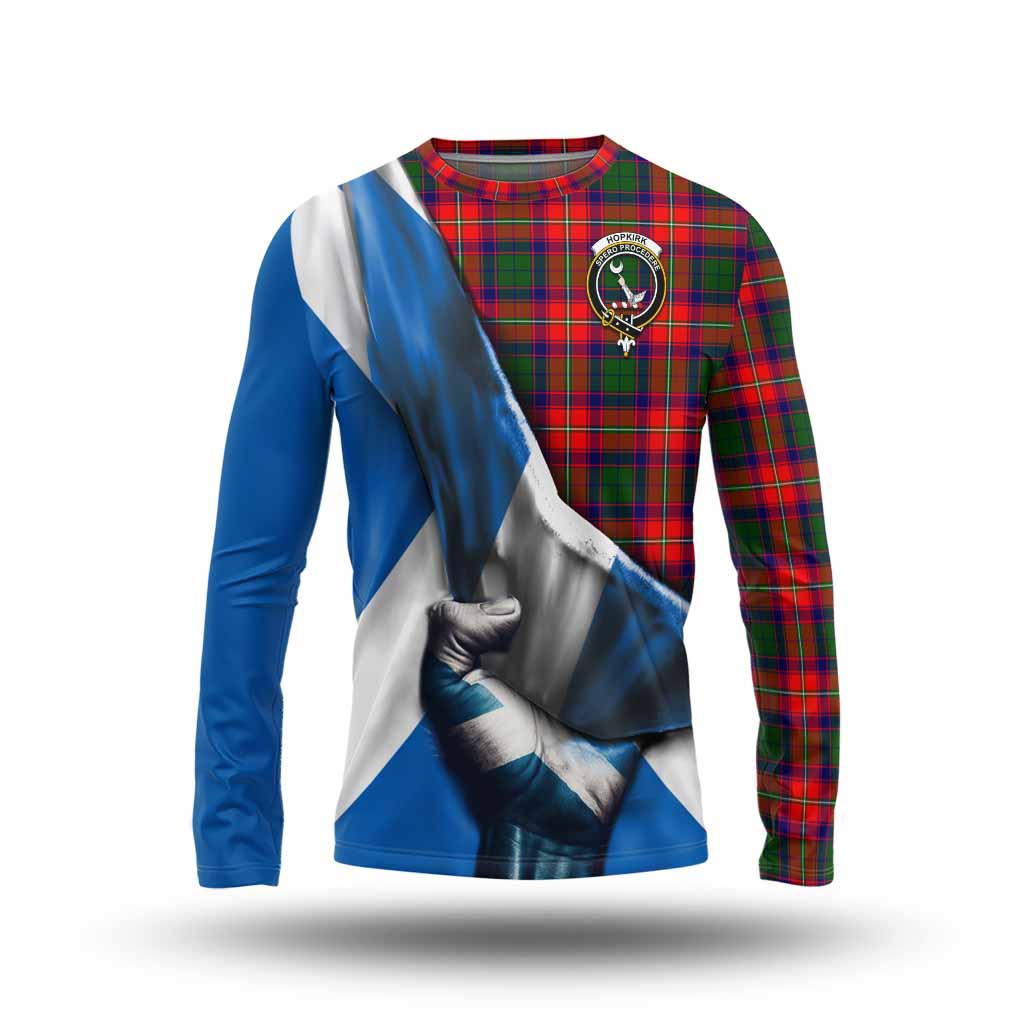 Tartan Vibes Clothing Hopkirk Tartan Long Sleeve T-Shirt with Family Crest Scotland Patriotic Style