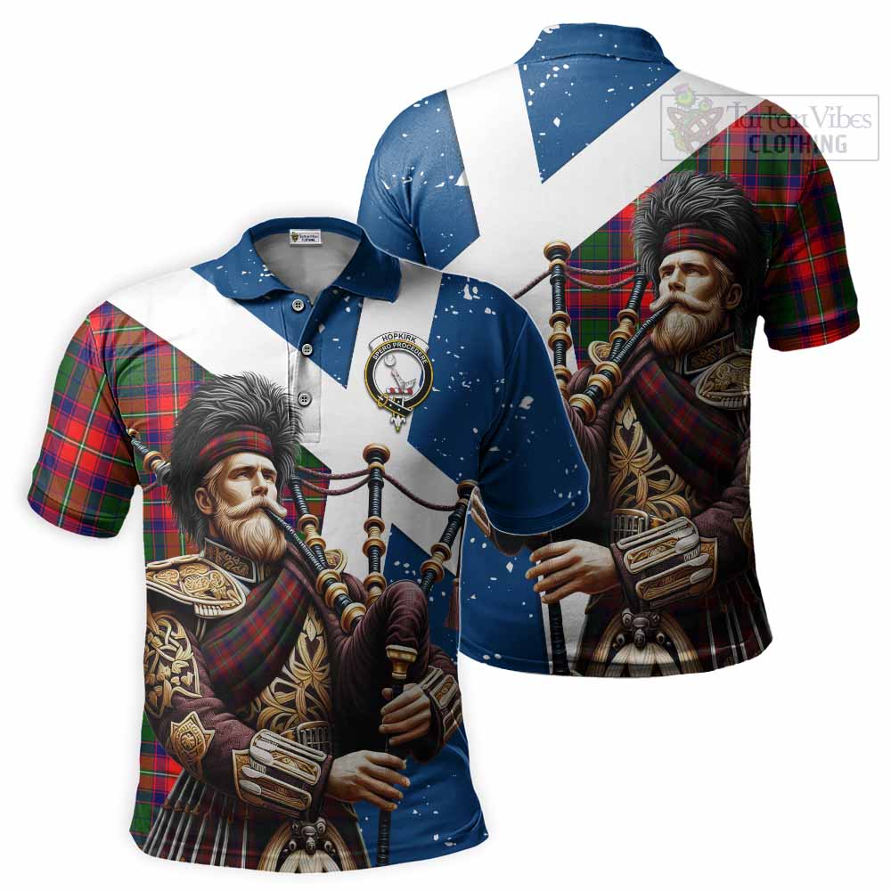 Tartan Vibes Clothing Hopkirk Tartan Polo Shirt with Family Crest Scottish Bagpiper Vibes