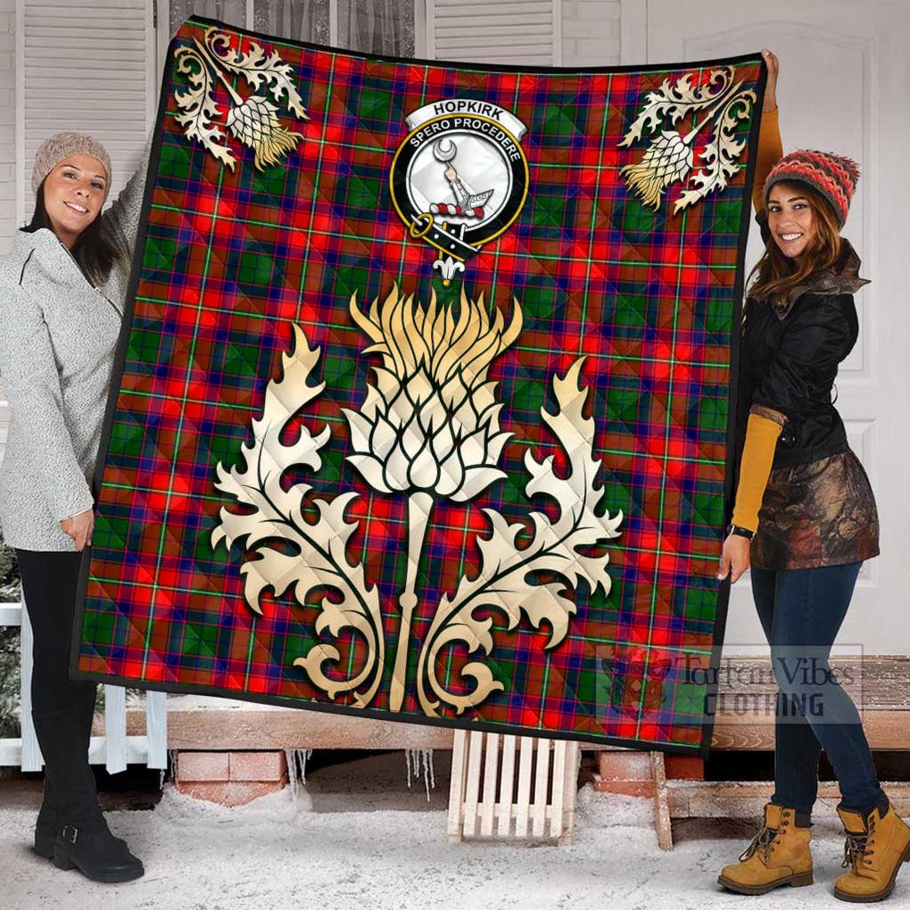 Tartan Vibes Clothing Hopkirk Tartan Quilt with Family Crest and Golden Thistle Style