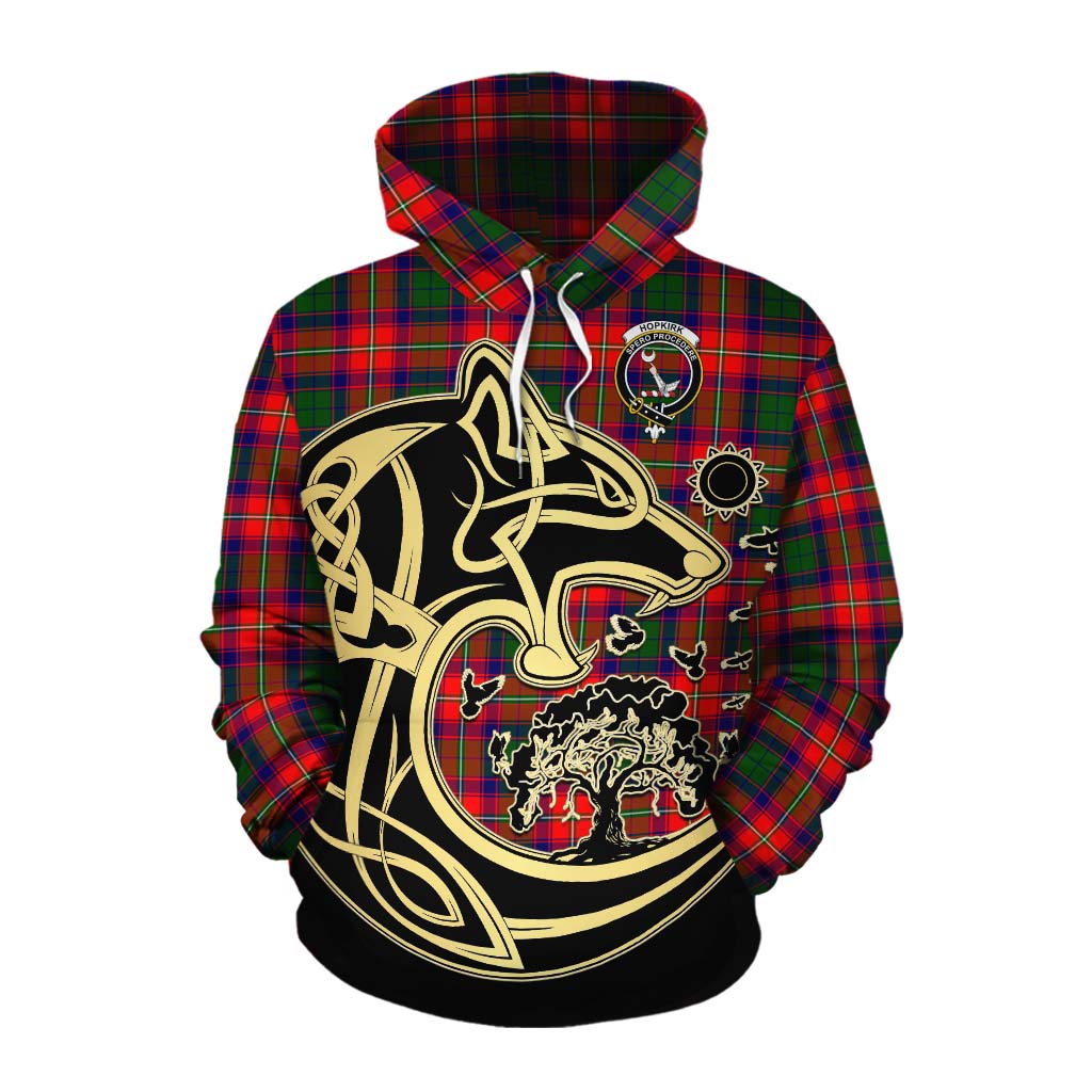 Tartan Vibes Clothing Hopkirk Tartan Cotton Hoodie with Family Crest Celtic Wolf Style