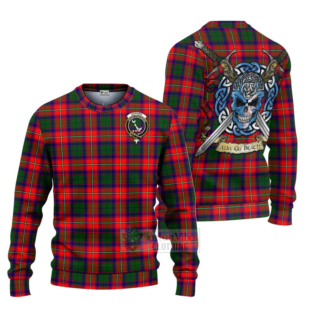 Tartan Vibes Clothing Hopkirk Tartan Knitted Sweater with Family Crest Celtic Skull Style