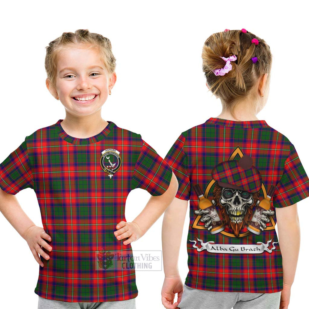 Tartan Vibes Clothing Hopkirk Tartan Kid T-Shirt with Family Crest and Bearded Skull Holding Bottles of Whiskey