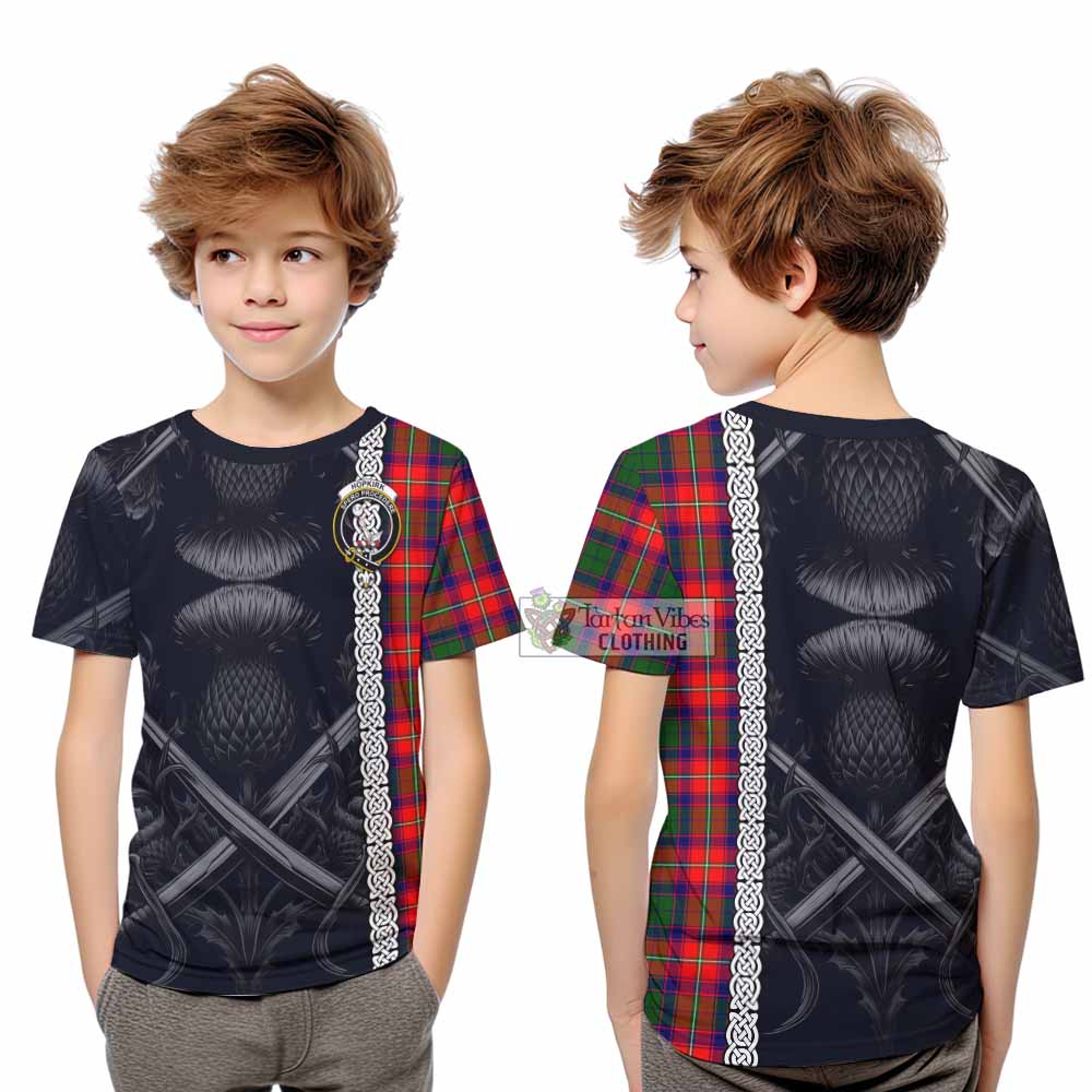 Tartan Vibes Clothing Hopkirk Tartan Kid T-Shirt with Family Crest Cross Sword Thistle Celtic Vibes