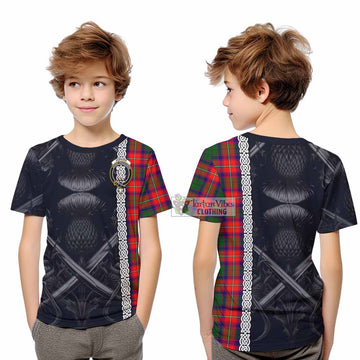 Hopkirk Tartan Kid T-Shirt with Family Crest Cross Sword Thistle Celtic Vibes