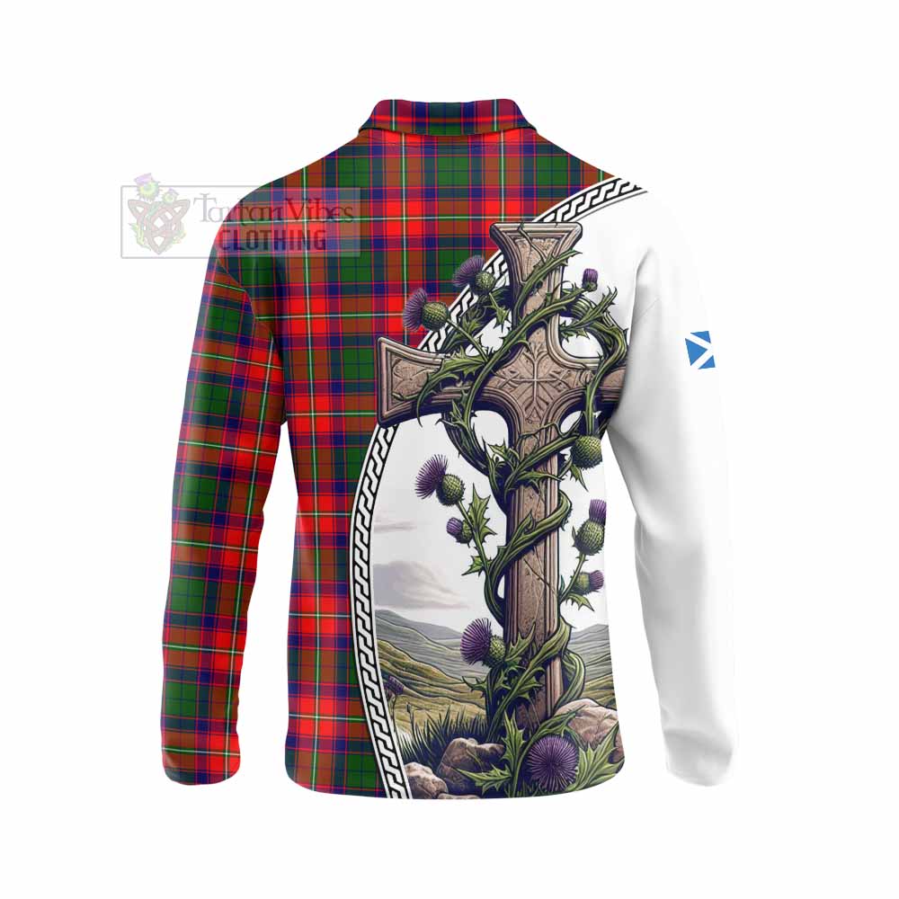 Tartan Vibes Clothing Hopkirk Tartan Long Sleeve Polo Shirt with Family Crest and St. Andrew's Cross Accented by Thistle Vines