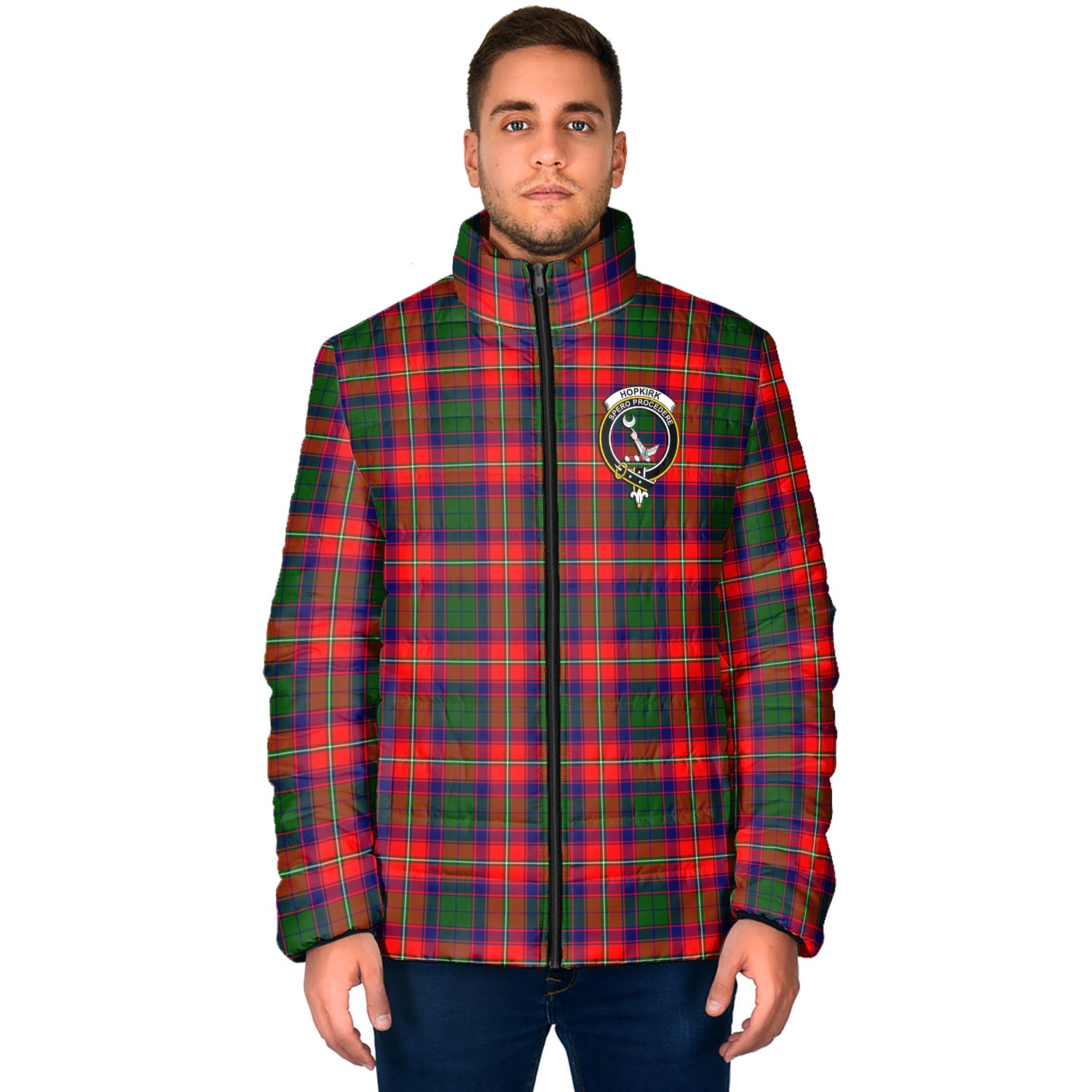 Hopkirk Tartan Padded Jacket with Family Crest - Tartanvibesclothing