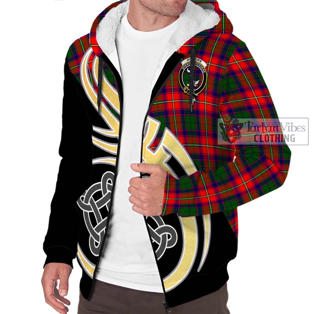 Hopkirk Tartan Sherpa Hoodie with Family Crest and Celtic Symbol Style - Tartan Vibes Clothing