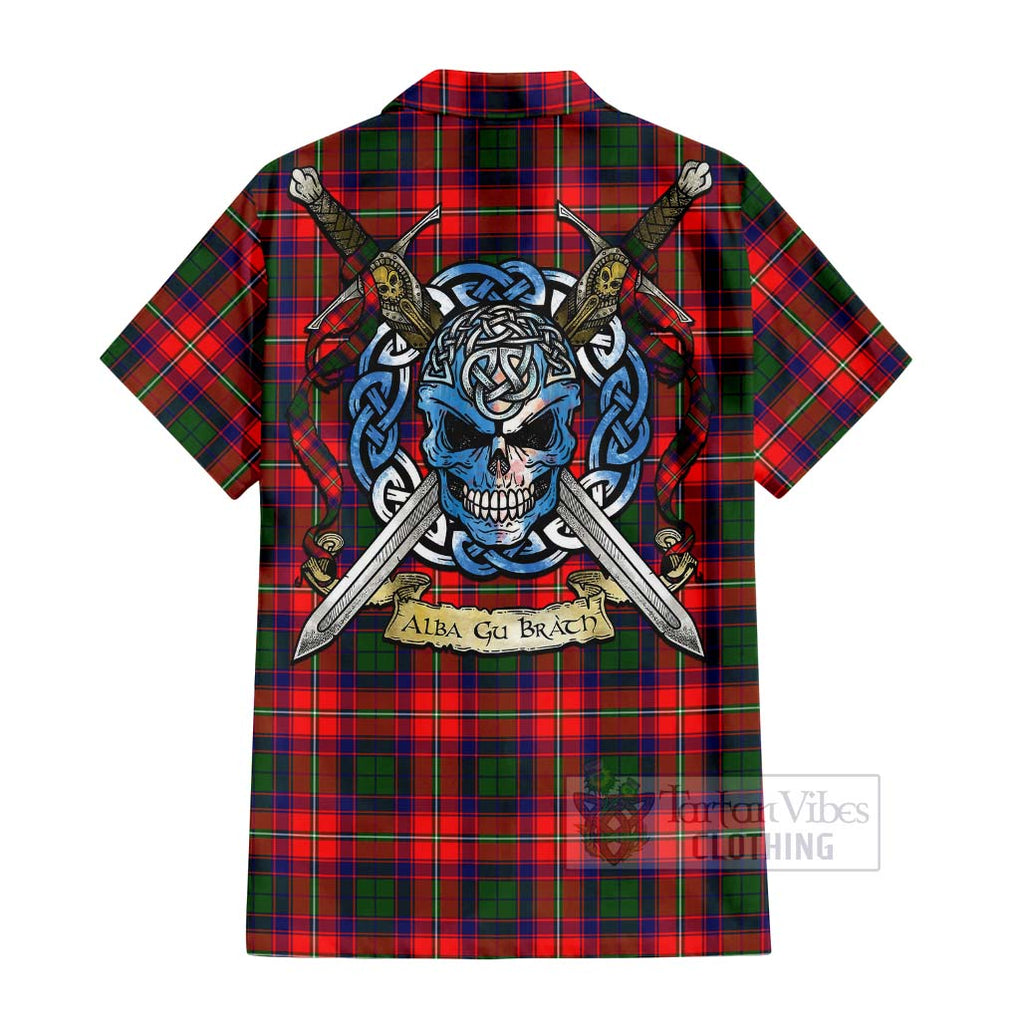 Tartan Vibes Clothing Hopkirk Tartan Short Sleeve Button Shirt with Family Crest Celtic Skull Style