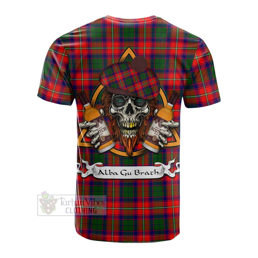 Tartan Vibes Clothing Hopkirk Tartan Cotton T-shirt with Family Crest and Bearded Skull Holding Bottles of Whiskey