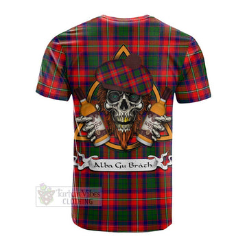 Hopkirk Tartan Cotton T-shirt with Family Crest and Bearded Skull Holding Bottles of Whiskey