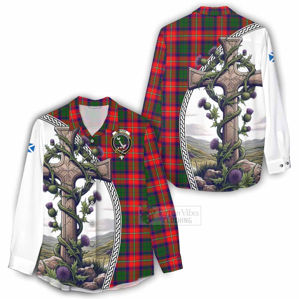 Tartan Vibes Clothing Hopkirk Tartan Women's Casual Shirt with Family Crest and St. Andrew's Cross Accented by Thistle Vines