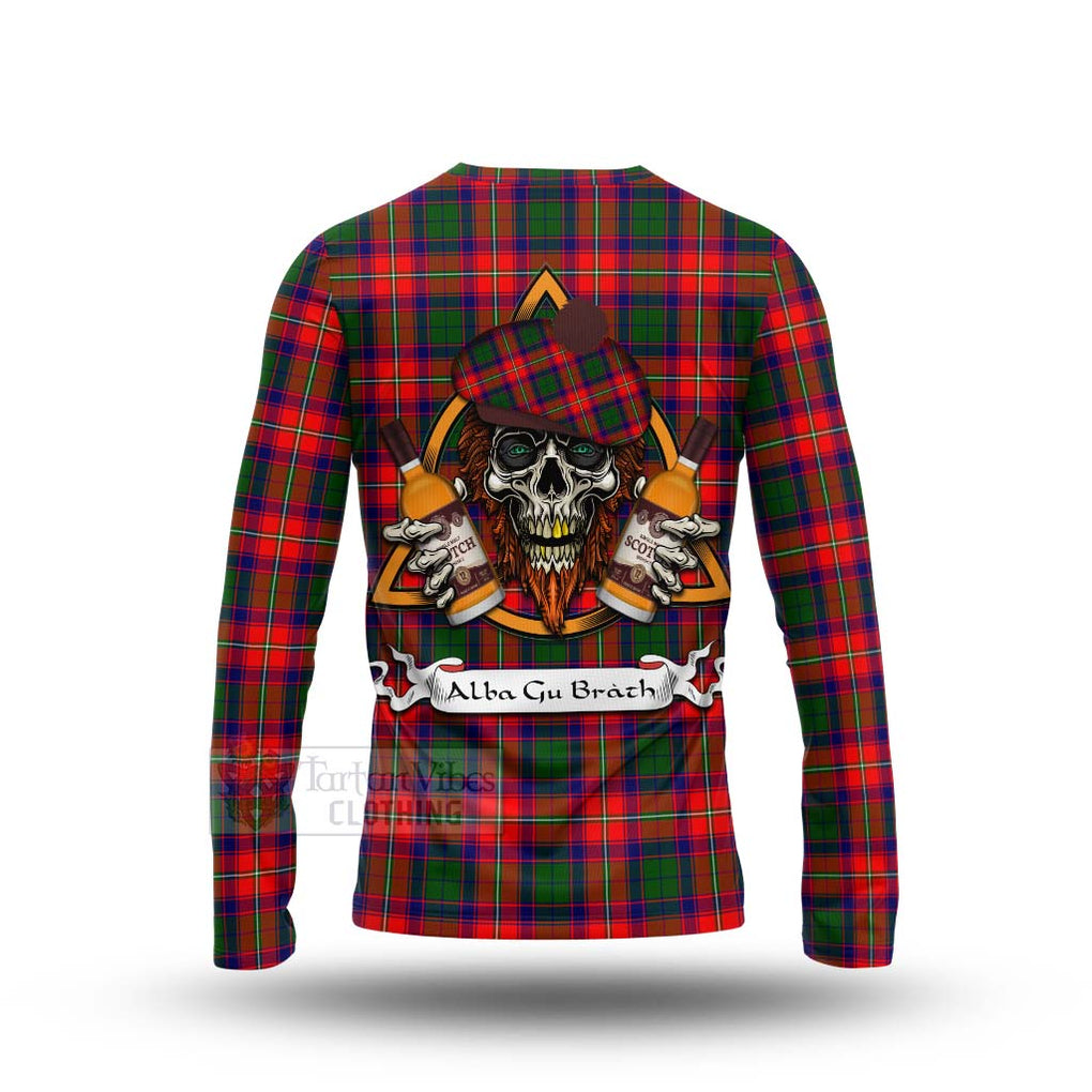 Tartan Vibes Clothing Hopkirk Tartan Long Sleeve T-Shirt with Family Crest and Bearded Skull Holding Bottles of Whiskey