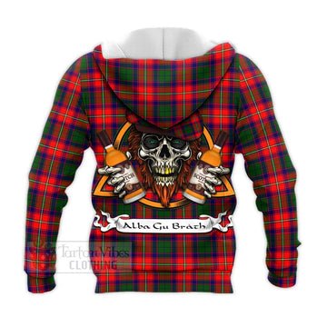 Hopkirk Tartan Knitted Hoodie with Family Crest and Bearded Skull Holding Bottles of Whiskey