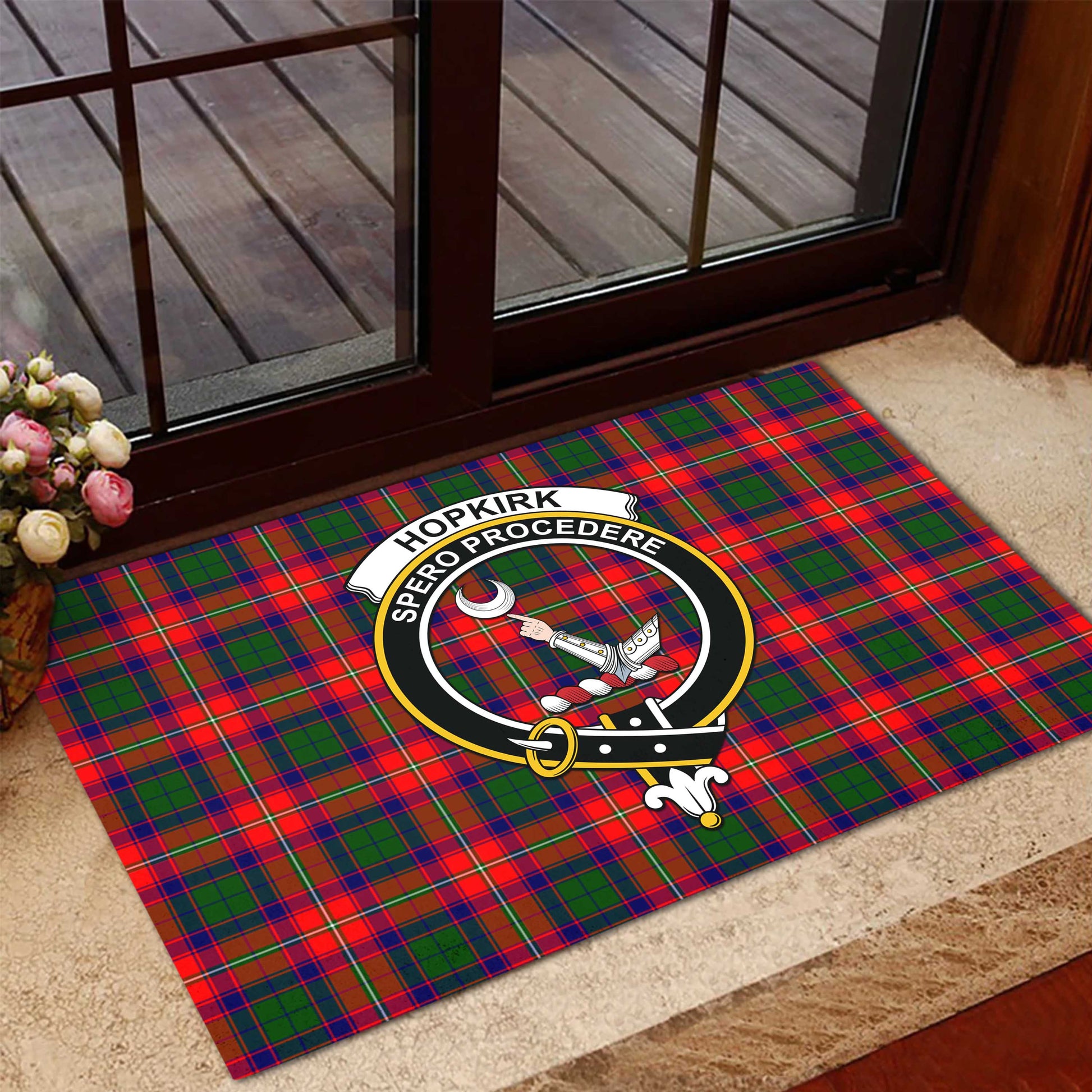 Hopkirk Tartan Door Mat with Family Crest - Tartanvibesclothing