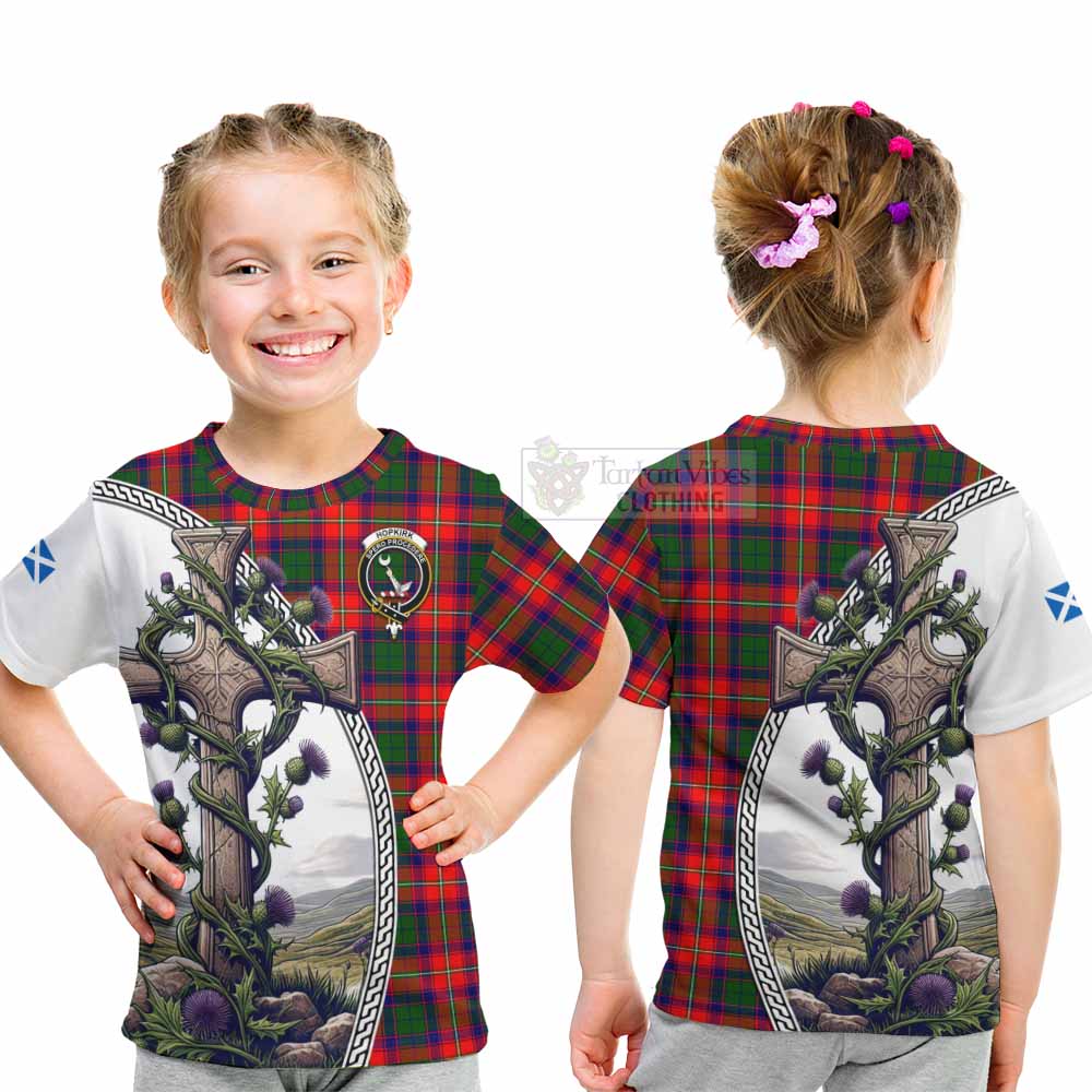 Tartan Vibes Clothing Hopkirk Tartan Kid T-Shirt with Family Crest and St. Andrew's Cross Accented by Thistle Vines