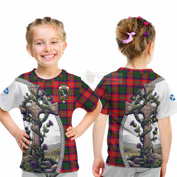 Hopkirk Tartan Kid T-Shirt with Family Crest and St. Andrew's Cross Accented by Thistle Vines