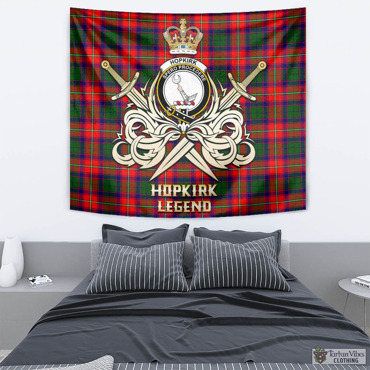 Tartan Vibes Clothing Hopkirk Tartan Tapestry with Clan Crest and the Golden Sword of Courageous Legacy