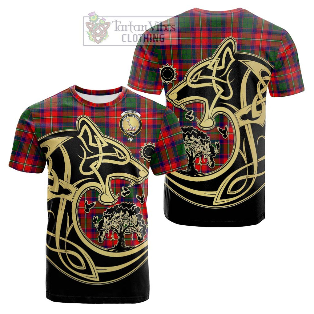 Tartan Vibes Clothing Hopkirk Tartan Cotton T-shirt with Family Crest Celtic Wolf Style