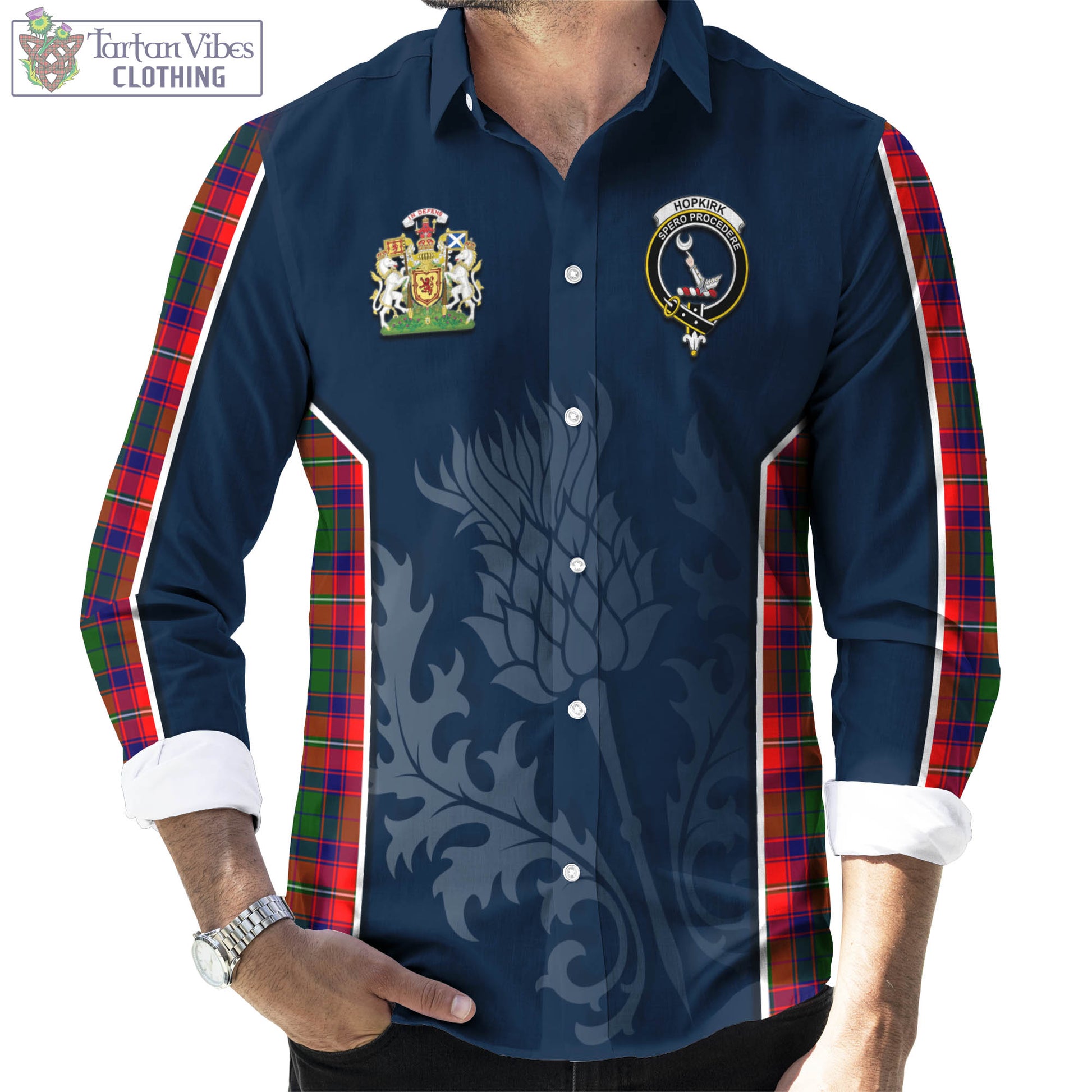 Tartan Vibes Clothing Hopkirk Tartan Long Sleeve Button Up Shirt with Family Crest and Scottish Thistle Vibes Sport Style