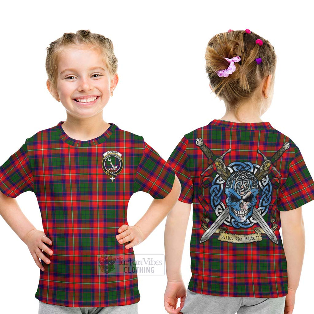 Tartan Vibes Clothing Hopkirk Tartan Kid T-Shirt with Family Crest Celtic Skull Style