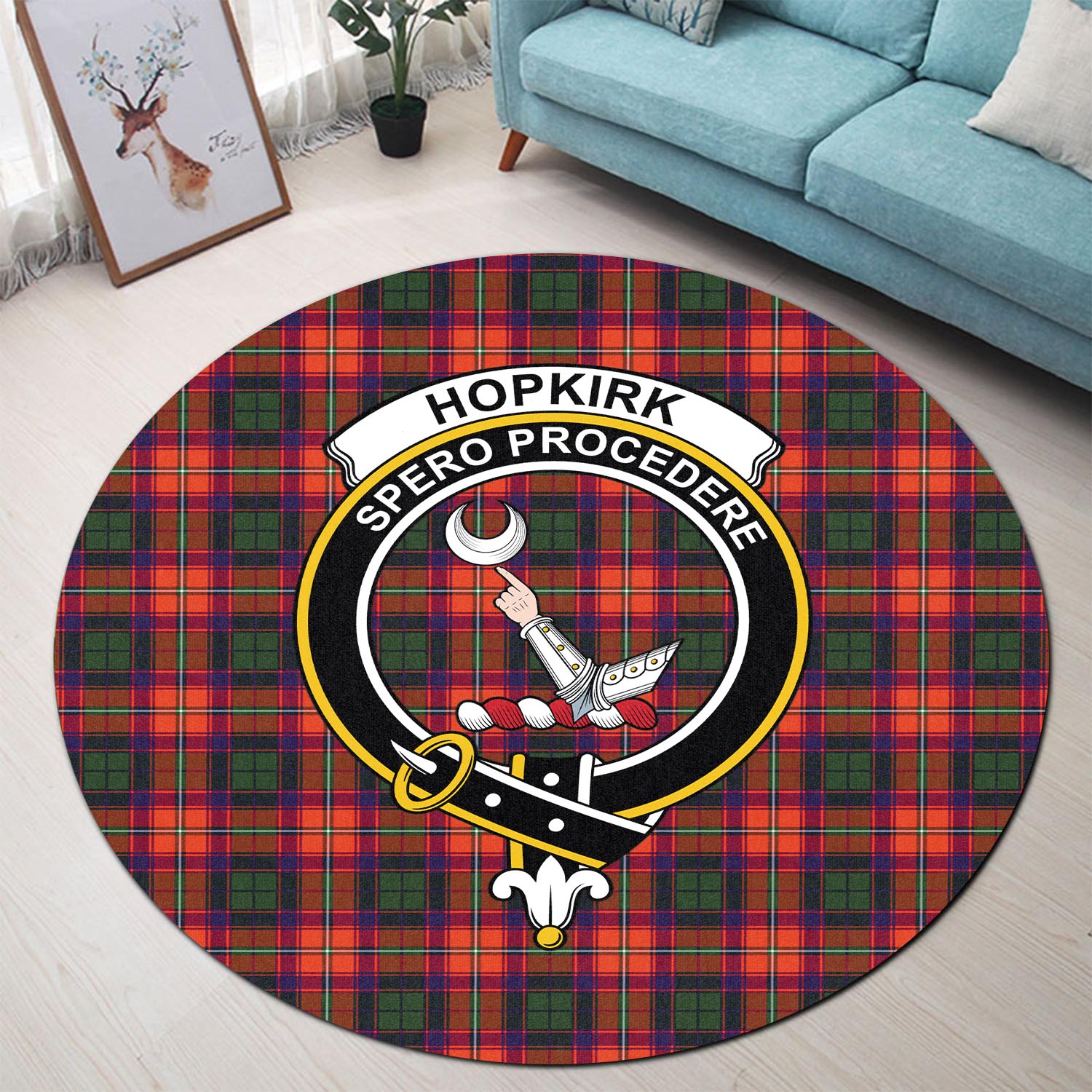 hopkirk-tartan-round-rug-with-family-crest