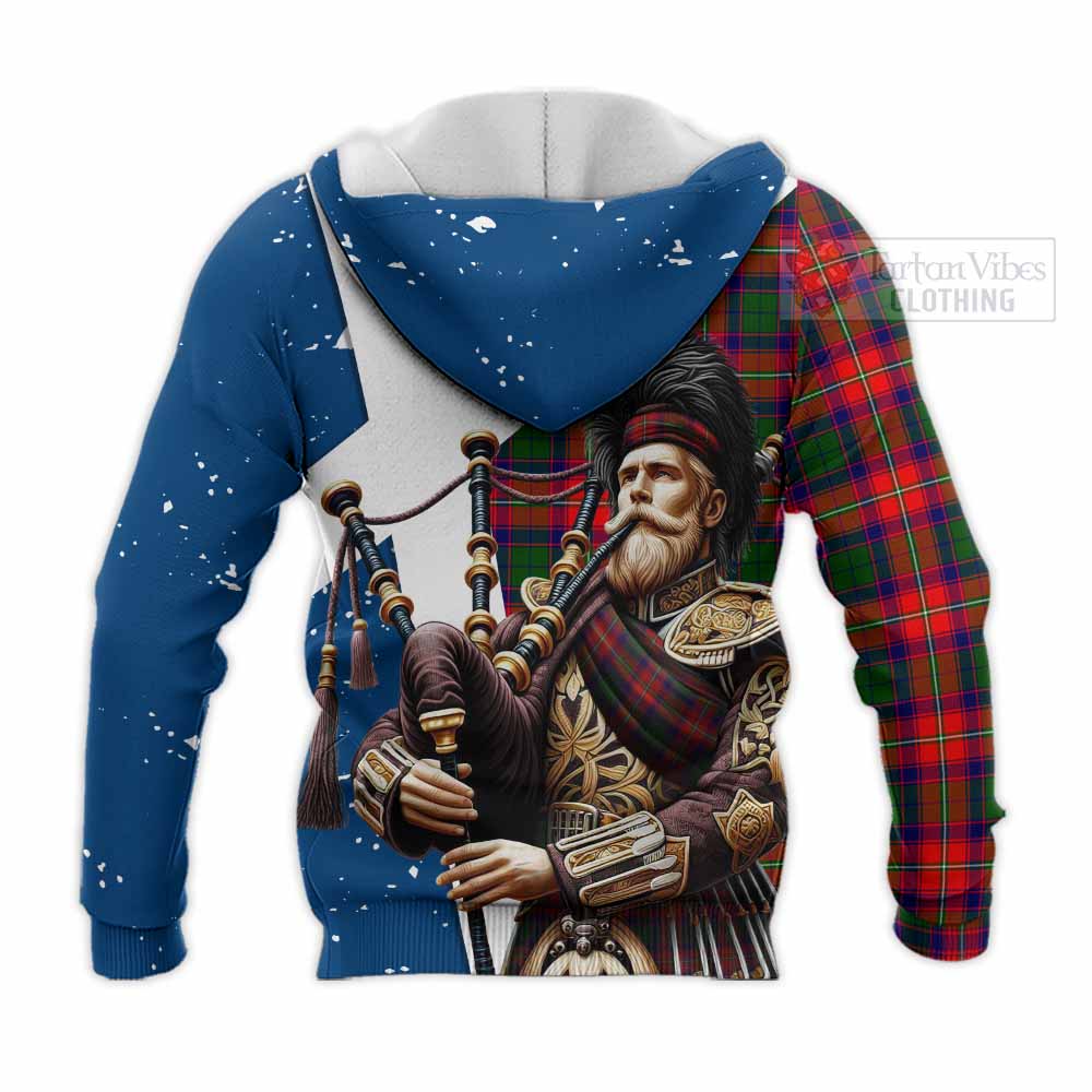 Tartan Vibes Clothing Hopkirk Tartan Knitted Hoodie with Family Crest Scottish Bagpiper Vibes