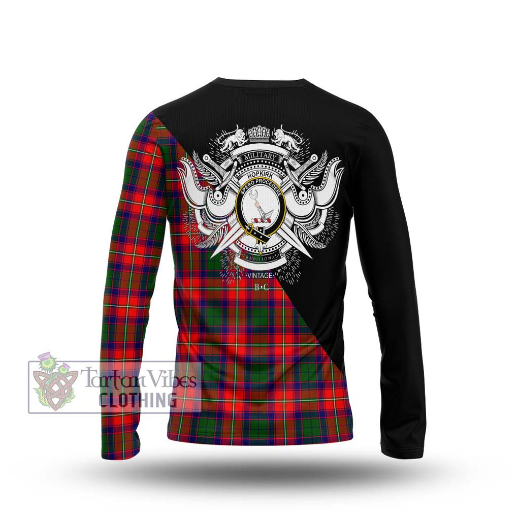 Hopkirk Tartan Long Sleeve T-Shirt with Family Crest and Military Logo Style - Tartanvibesclothing Shop