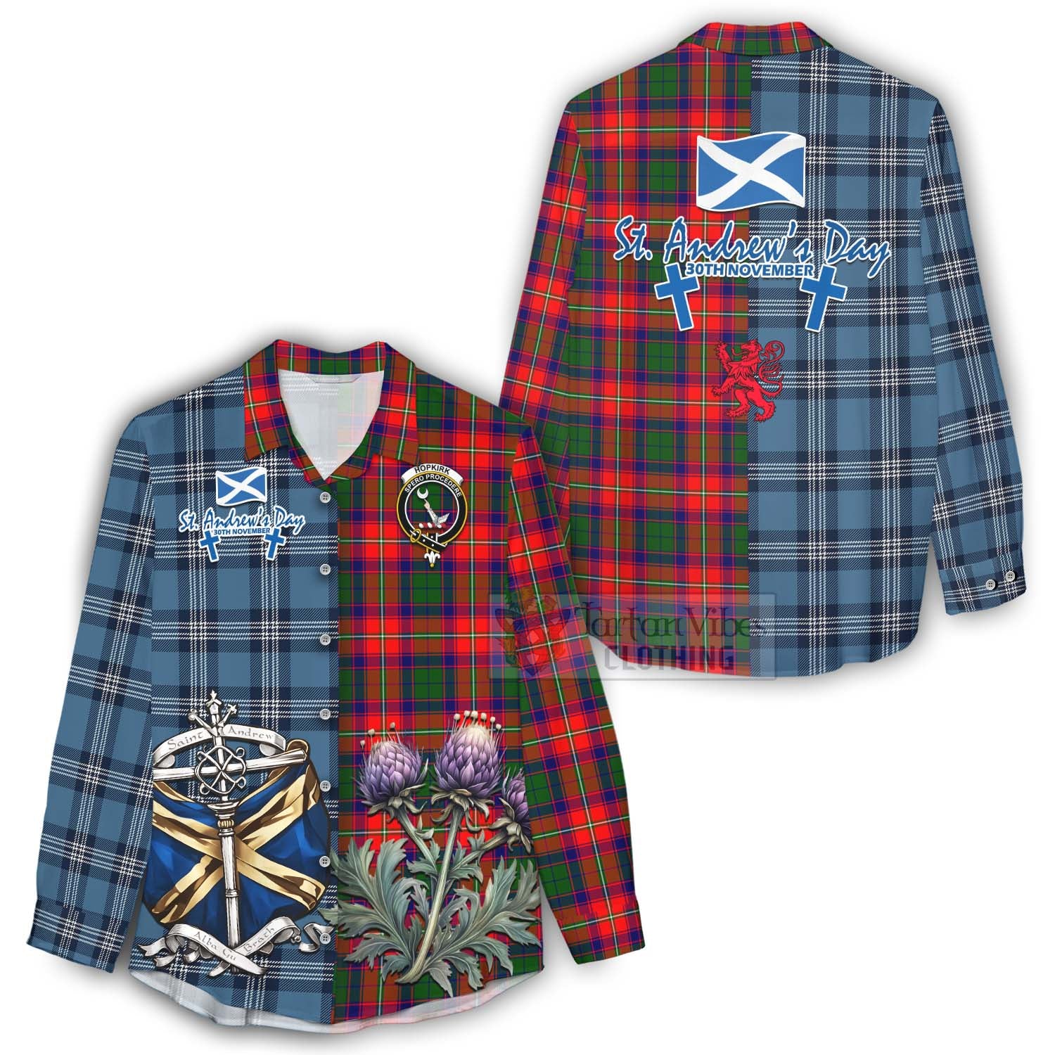 Tartan Vibes Clothing Hopkirk Tartan Women's Casual Shirt Happy St. Andrew's Day Half Tartan Style