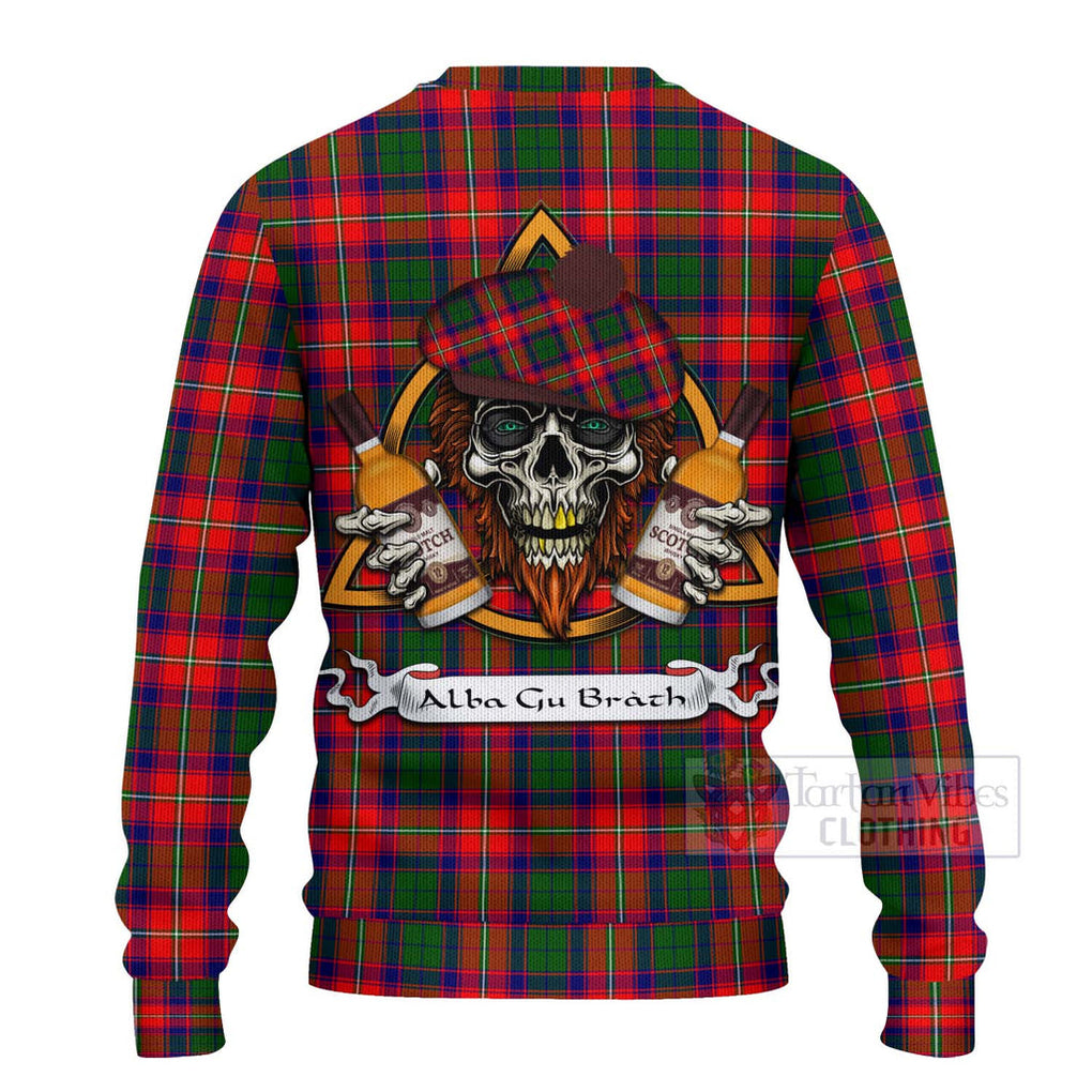 Tartan Vibes Clothing Hopkirk Tartan Knitted Sweater with Family Crest and Bearded Skull Holding Bottles of Whiskey