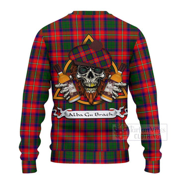 Hopkirk Tartan Ugly Sweater with Family Crest and Bearded Skull Holding Bottles of Whiskey