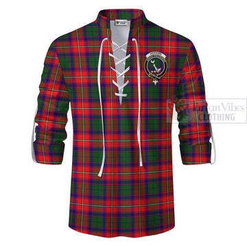 Hopkirk Tartan Ghillie Kilt Shirt with Family Crest and Bearded Skull Holding Bottles of Whiskey