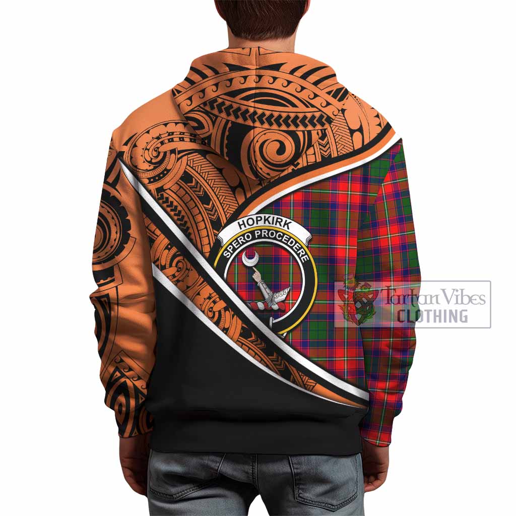 Tartan Vibes Clothing Hopkirk Crest Tartan Hoodie with Maori Tattoo Style - Orange Version