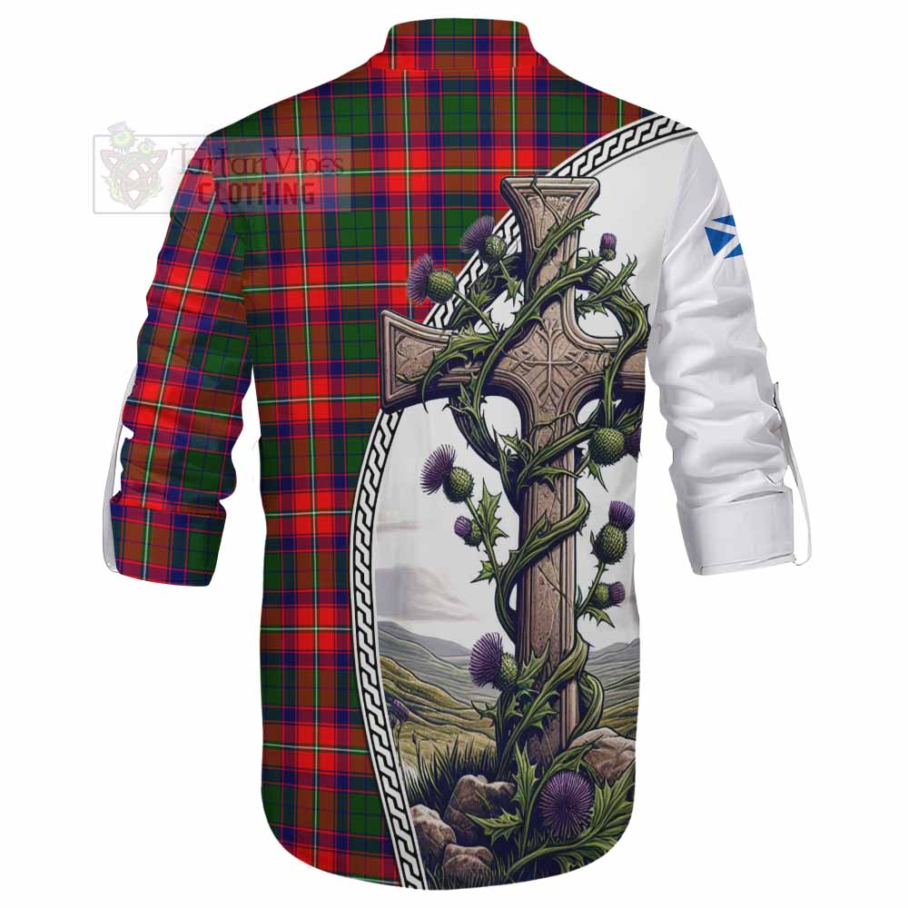 Tartan Vibes Clothing Hopkirk Tartan Ghillie Kilt Shirt with Family Crest and St. Andrew's Cross Accented by Thistle Vines