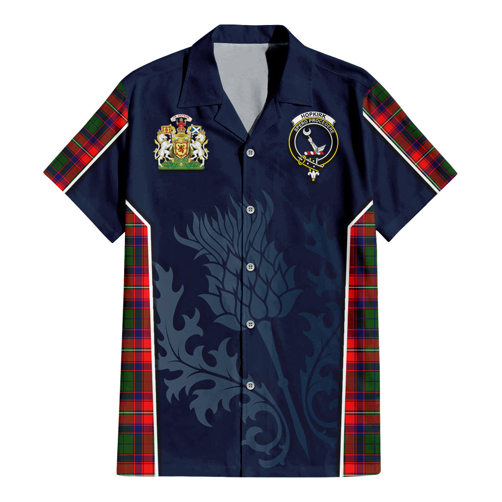 Tartan Vibes Clothing Hopkirk Tartan Short Sleeve Button Up Shirt with Family Crest and Scottish Thistle Vibes Sport Style