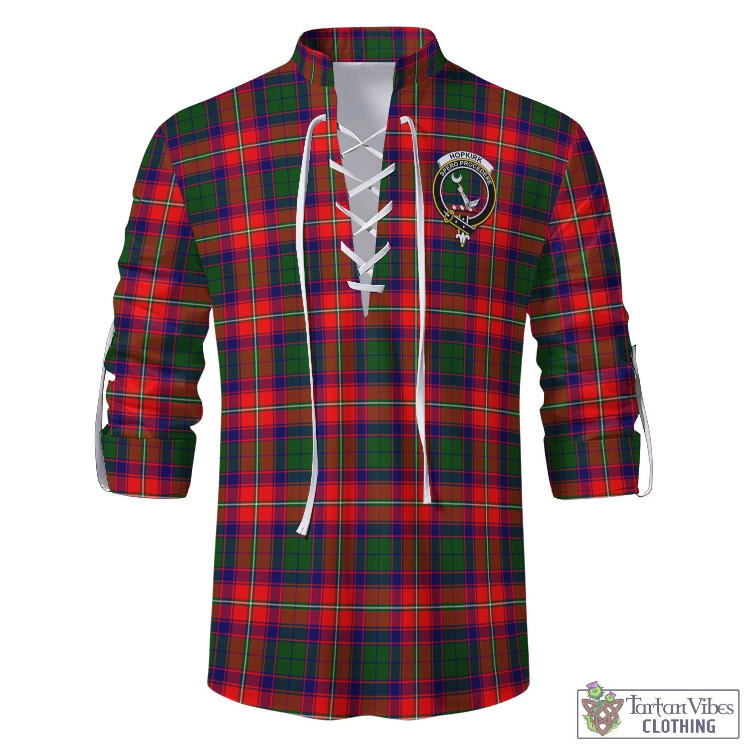 Tartan Vibes Clothing Hopkirk Tartan Men's Scottish Traditional Jacobite Ghillie Kilt Shirt with Family Crest