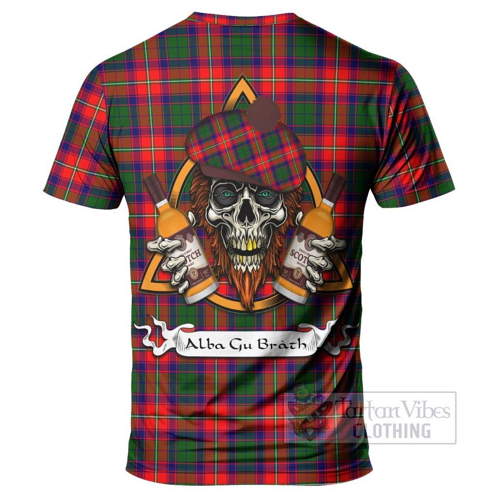 Tartan Vibes Clothing Hopkirk Tartan T-Shirt with Family Crest and Bearded Skull Holding Bottles of Whiskey