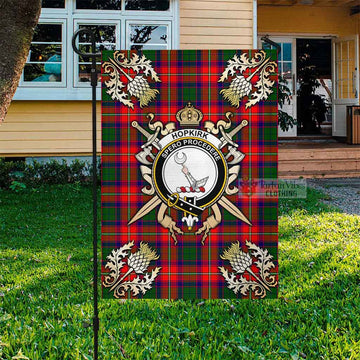 Hopkirk Tartan Flag with Family Crest and Golden Thistle Crossed Sword Design